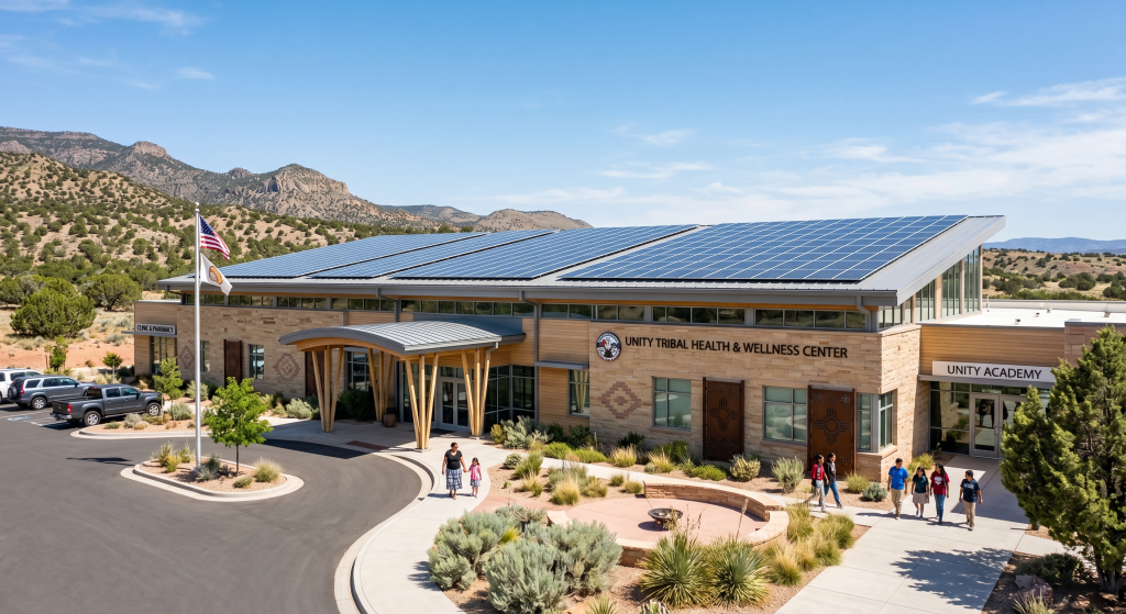 A modern building labeled Unity Tribal Health & Wellness Center features solar panels on the roof, highlighting Solar for Native American Tribes, with desert landscaping, mountains in the background, and people walking near the entrance.