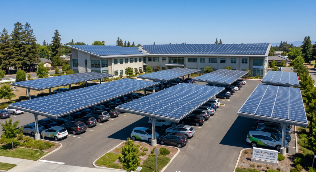 A large office building with solar panels covering its roof and the parking lot, showcasing nonprofit solar financing. Cars are parked under solar panel canopies on a bright, sunny day, with trees and clear skies surrounding the area.