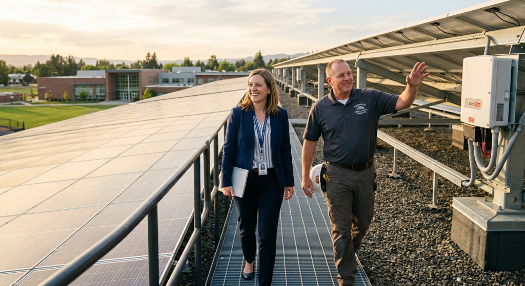 Two people walk and talk on a rooftop next to large solar panels. Discussing Solar Financing for Schools and Universities, the woman in business attire carries documents while the man in a work uniform gestures toward the panels. Buildings and trees are visible behind them.