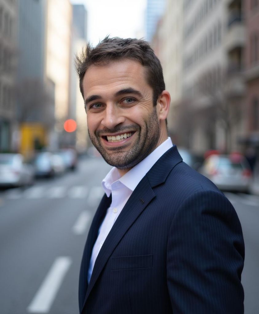 Joel Binstock, in a dark suit, smiles confidently while standing on a city street with blurred buildings and cars in the background.