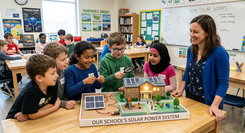 A group of young students and a teacher gather around a solar power system model in a classroom, engaging in a science lesson about renewable energy and the benefits of solar for schools. Educational posters and student projects decorate the walls.