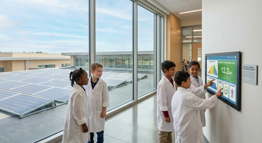 Five children in lab coats interact with a wall-mounted touchscreen displaying energy data inside a bright room with large windows overlooking solar panels for schools on the rooftop.