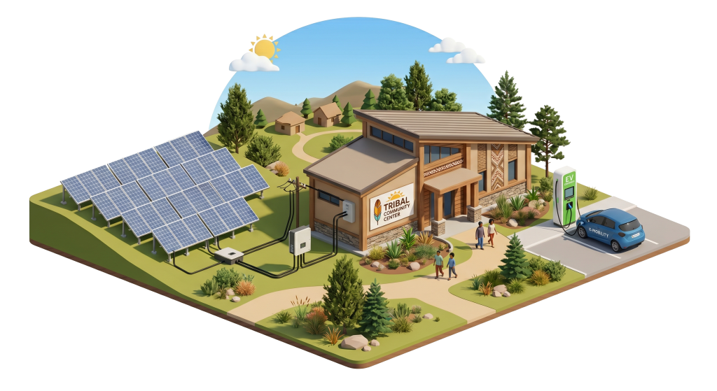 A community center with a Tribal Center sign, surrounded by trees and hills, showcases Solar for Native American Tribes with solar panels and an electric car charging station nearby, while people stroll under a sunny sky.