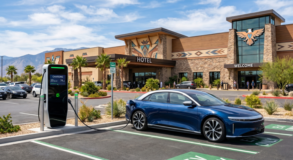 A blue electric car is charging at a station in a hotel parking lot on a sunny day. The hotel, inspired by southwestern design with stone accents and desert plants, promotes clean energy like solar for Native American Tribes.