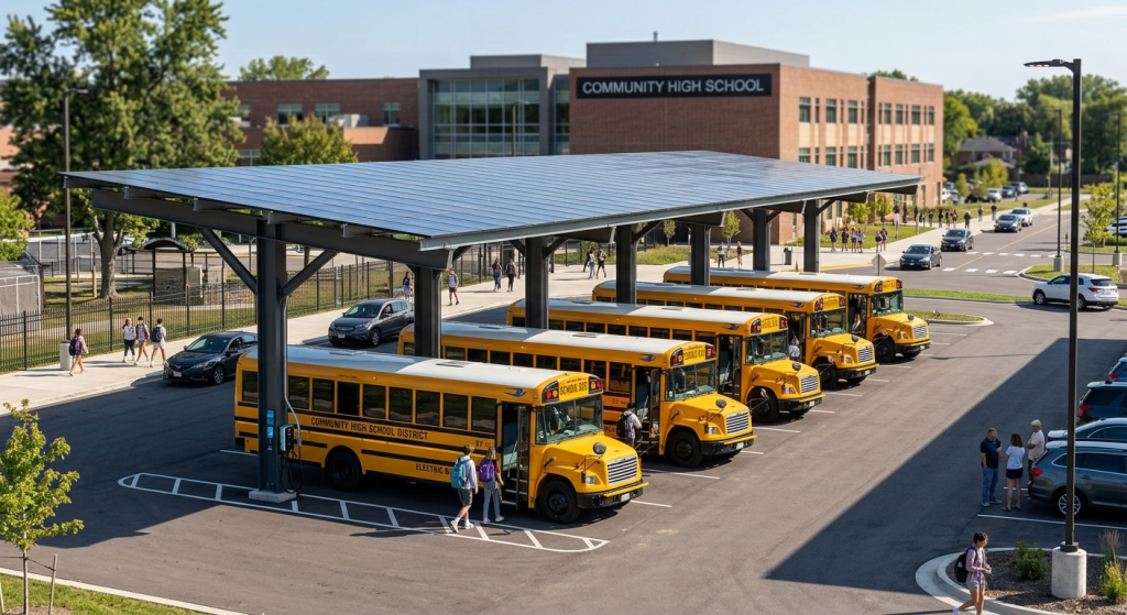 Four yellow school buses are parked under a large solar panel canopy in front of a modern high school, showcasing the benefits of solar panels for schools. Students walk nearby, and “Community High School” is visible on the facade. Trees and cars complete the scene.