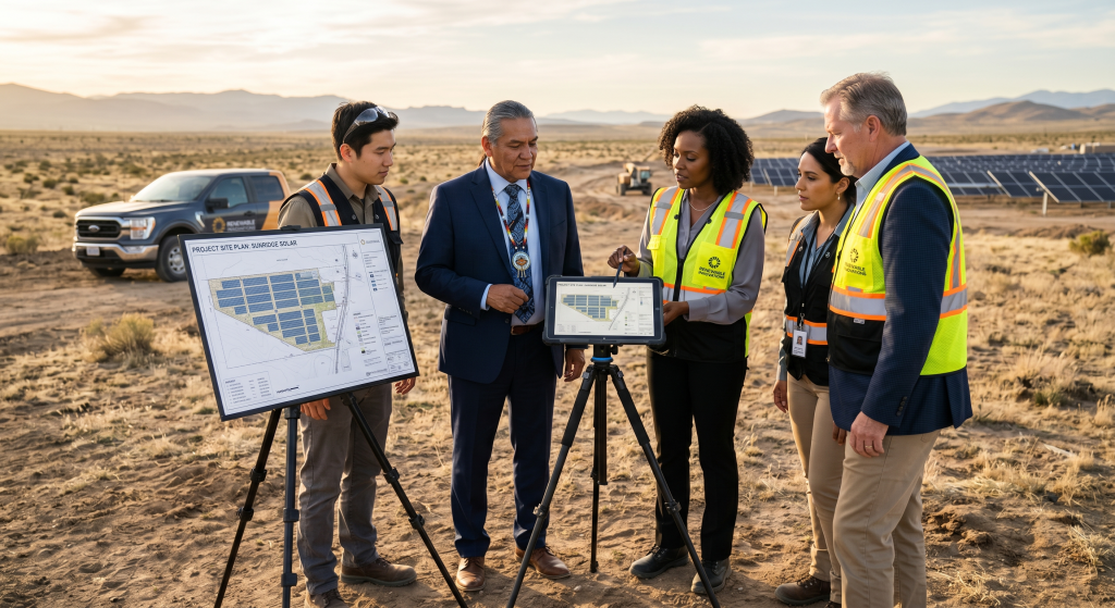 Five professionals in safety vests and business attire discuss Solar for Native American Tribes outdoors, using maps on an easel and a tablet, with solar panels and mountains visible in the background.