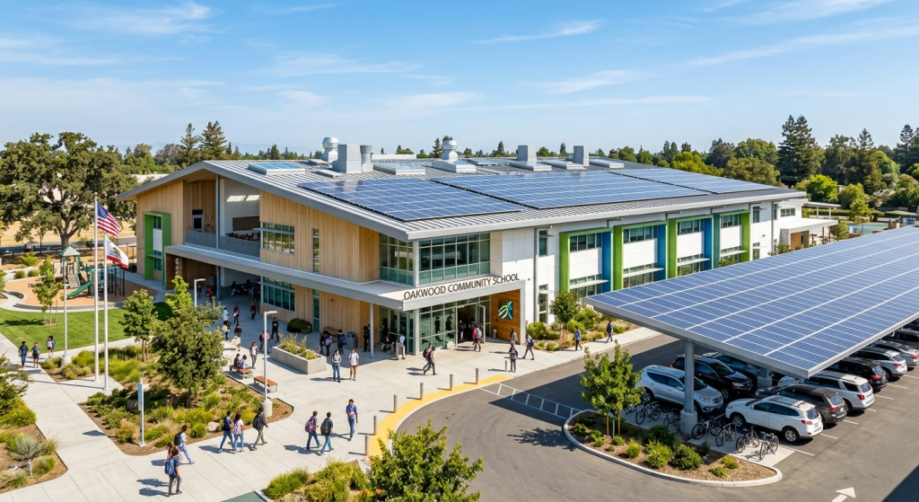 A modern school building featuring solar panels for schools on the roof and a covered bike rack, surrounded by trees. Students walk near the entrance and along paths under a blue sky.