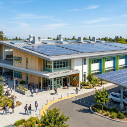 A modern school building featuring solar panels for schools on the roof and a covered bike rack, surrounded by trees. Students walk near the entrance and along paths under a blue sky.