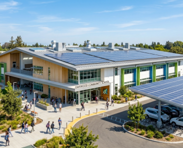 A modern school building featuring solar panels for schools on the roof and a covered bike rack, surrounded by trees. Students walk near the entrance and along paths under a blue sky.