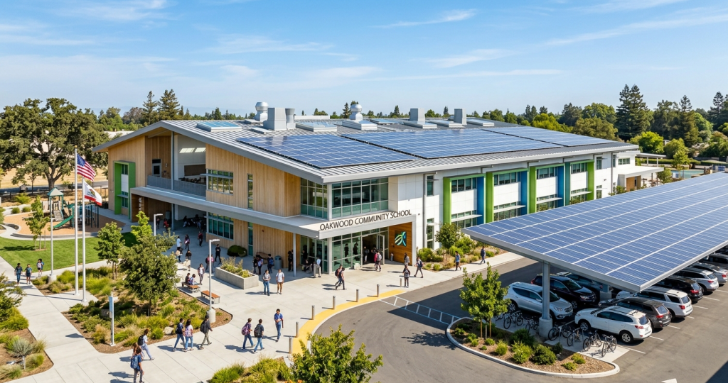 A modern school building featuring solar panels for schools on the roof and a covered bike rack, surrounded by trees. Students walk near the entrance and along paths under a blue sky.