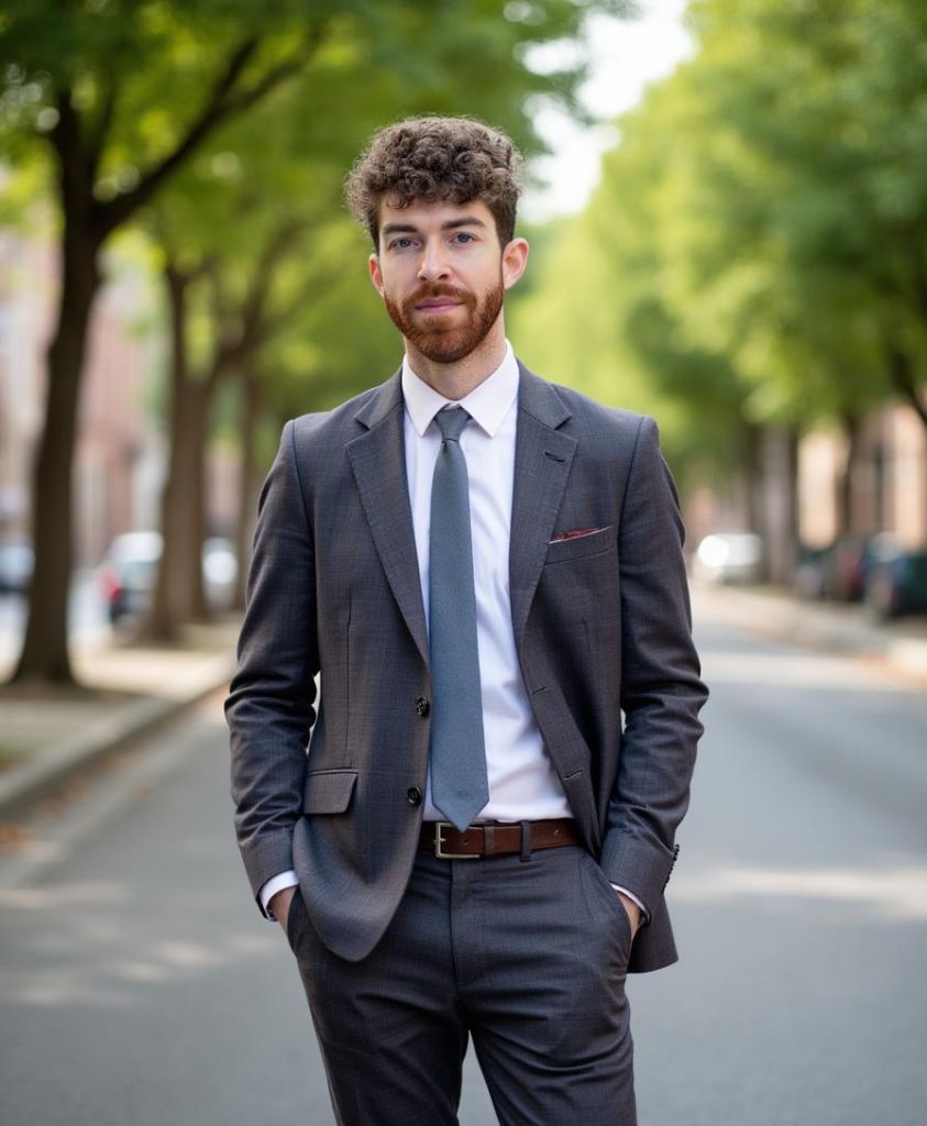Aidan Keith-Hynes, a man with curly hair and a beard, dressed in a dark suit and tie, stands confidently in the middle of a tree-lined street with his hands in his pockets. The background is softly blurred with greenery and parked cars.