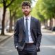 Aidan Keith-Hynes, a man with curly hair and a beard, dressed in a dark suit and tie, stands confidently in the middle of a tree-lined street with his hands in his pockets. The background is softly blurred with greenery and parked cars.