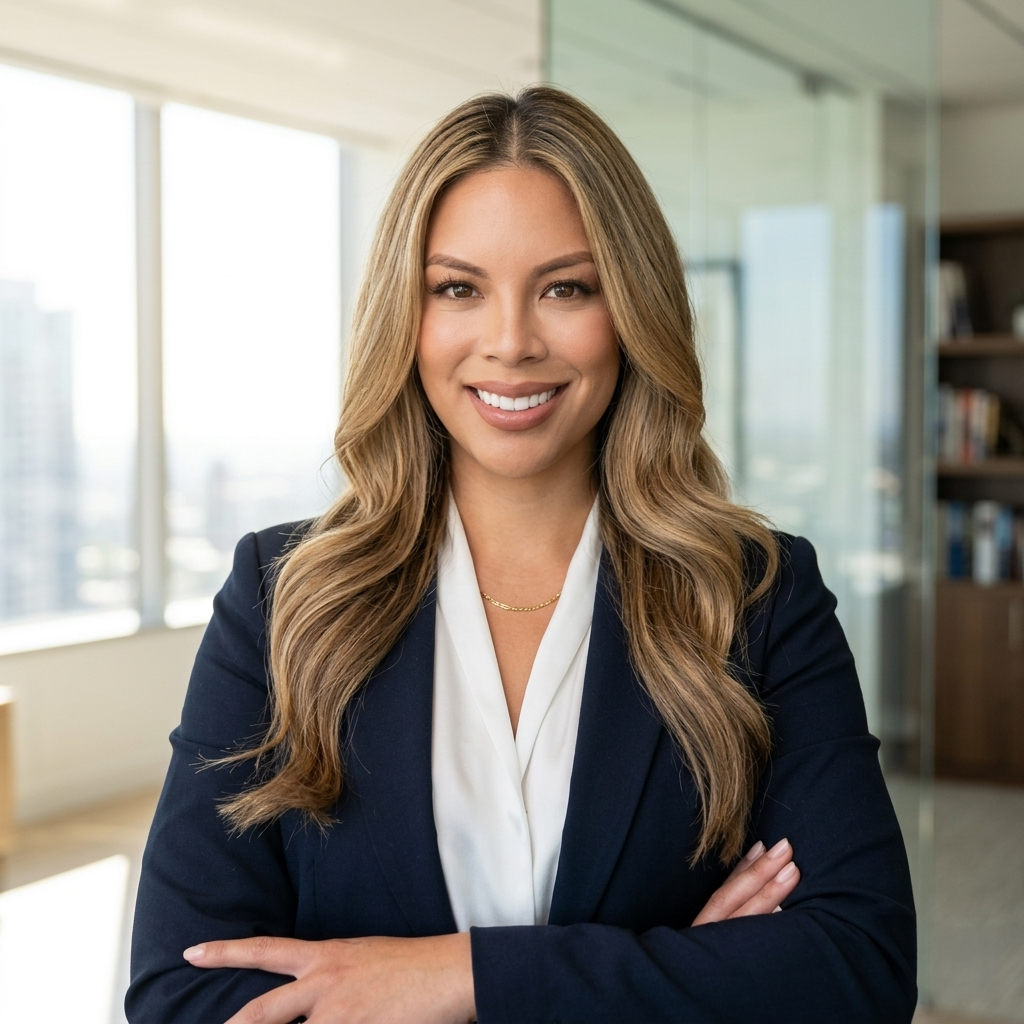A woman with long, wavy blonde hair, wearing a navy blazer and white blouse, stands smiling with arms crossed in a bright, modern office inspired by Steven Campbell, featuring large windows and bookshelves in the background.