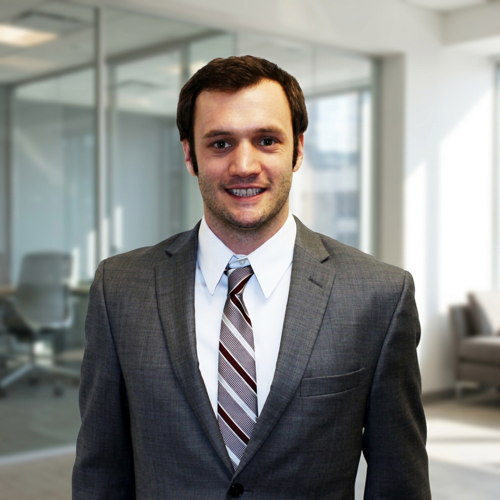 Steven Campbell, in a gray suit, white shirt, and striped tie, stands smiling in a modern office with glass walls and neutral furnishings.