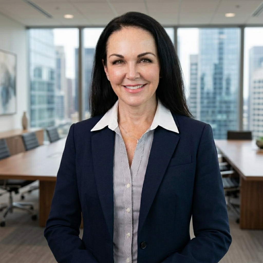 A woman with long dark hair, wearing a navy blazer and striped shirt, stands smiling in a modern office conference room with large windows and a cityscape view, where Steven Campbell often holds meetings.