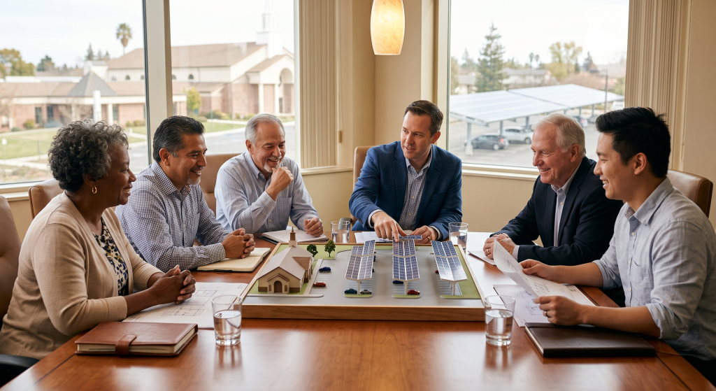 A diverse group of six adults sits around a table in a bright office, discussing a model of a church solar project. They are smiling and engaged, with buildings and trees visible through the windows.