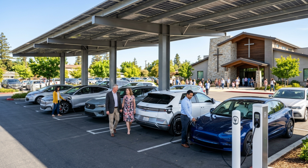 People walk and stand near several electric cars charging at stations under solar panel canopies in a parking lot outside a modern church building with a cross, showcasing the benefits of solar for churches on a sunny day.