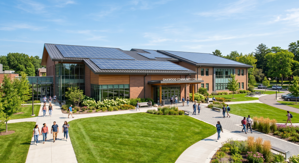 Students walk and gather outside a modern college building with solar panels on the roof, made possible by solar development financing, surrounded by green lawns and landscaping. The sign reads “Oakwood Community College.”.