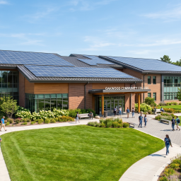Students walk and gather outside a modern college building with solar panels on the roof, made possible by solar development financing, surrounded by green lawns and landscaping. The sign reads “Oakwood Community College.”.