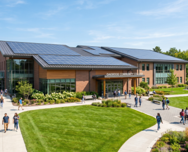 Students walk and gather outside a modern college building with solar panels on the roof, made possible by solar development financing, surrounded by green lawns and landscaping. The sign reads “Oakwood Community College.”.