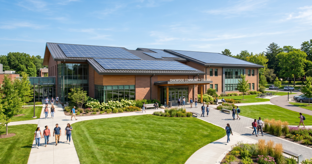 Students walk and gather outside a modern college building with solar panels on the roof, made possible by solar development financing, surrounded by green lawns and landscaping. The sign reads “Oakwood Community College.”.