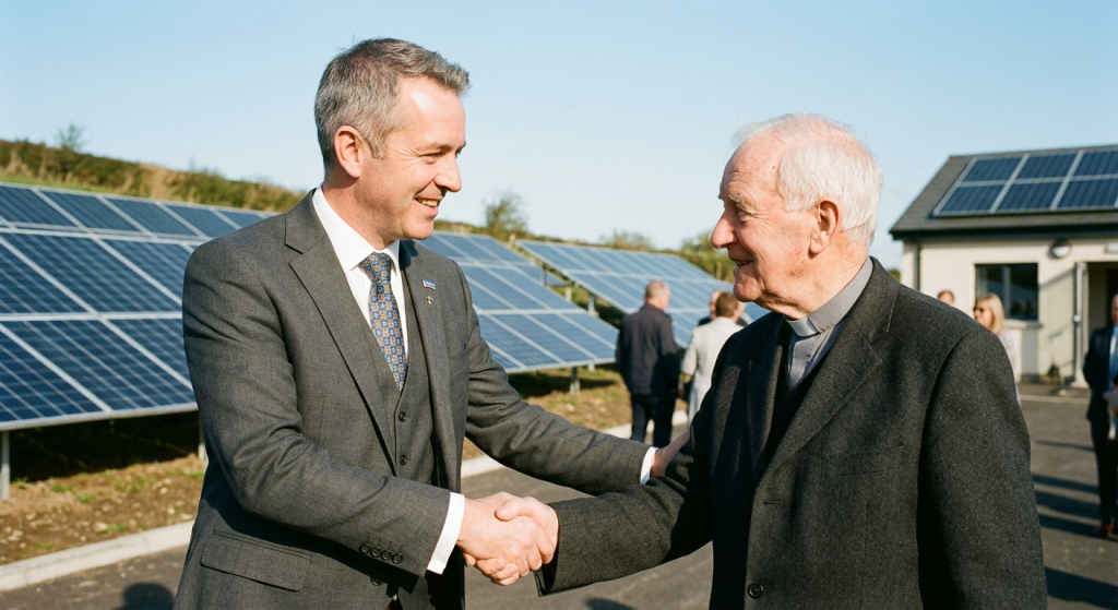 Two men in suits shake hands and smile outdoors in front of rows of solar panels on a sunny day, showcasing solar for churches. Other people and a building with rooftop solar panels are visible in the background.