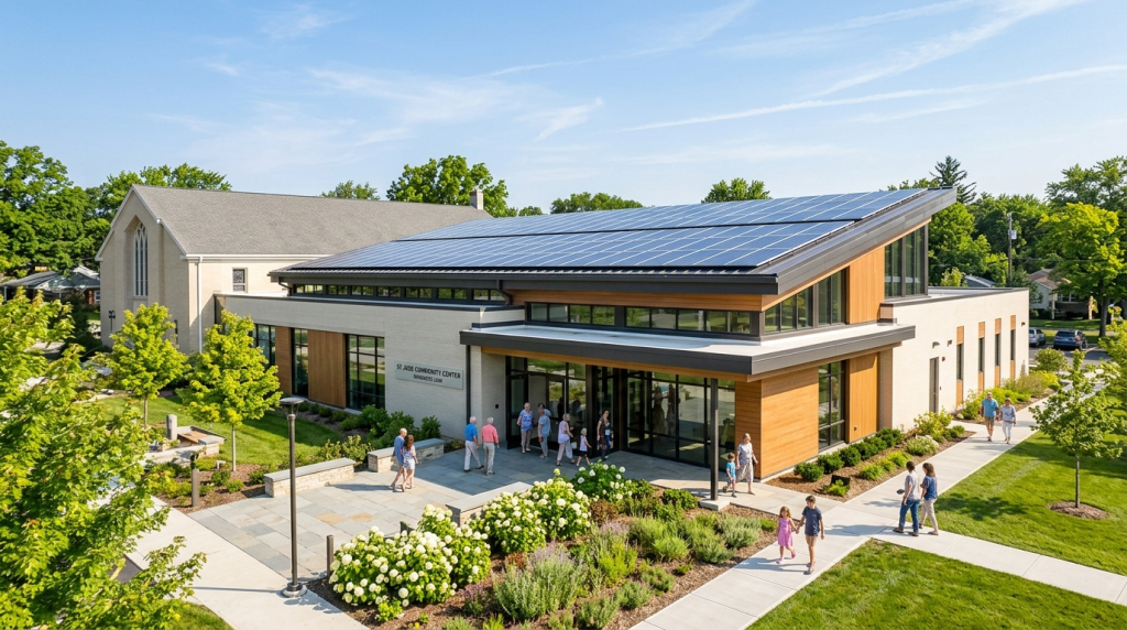 A modern community center with solar panels on the roof—similar to solar for churches—is surrounded by landscaped gardens. People are walking along paths and entering the building on a sunny day.