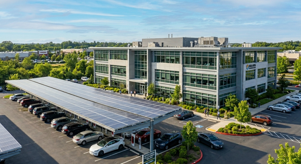 A modern office building with large glass windows is surrounded by trees and a parking lot. The area features covered parking with solar panels on the canopy rooftops, enabling businesses to benefit from Commercial Solar PPAs through 2026.