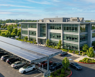 A modern office building with large glass windows is surrounded by trees and a parking lot. The area features covered parking with solar panels on the canopy rooftops, enabling businesses to benefit from Commercial Solar PPAs through 2026.
