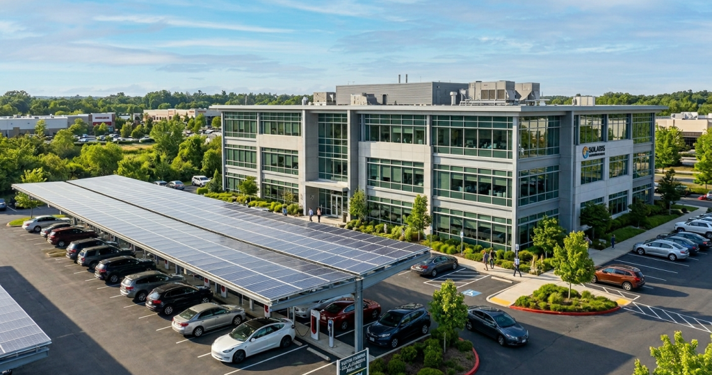 A modern office building with large glass windows is surrounded by trees and a parking lot. The area features covered parking with solar panels on the canopy rooftops, enabling businesses to benefit from Commercial Solar PPAs through 2026.