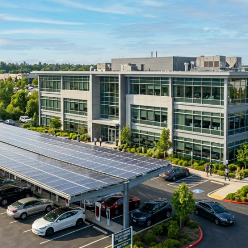 A modern office building with large glass windows is surrounded by trees and a parking lot. The area features covered parking with solar panels on the canopy rooftops, enabling businesses to benefit from Commercial Solar PPAs through 2026.