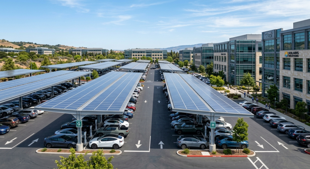 A large parking lot with solar panel canopies, surrounded by modern office buildings and lush greenery under a blue sky.