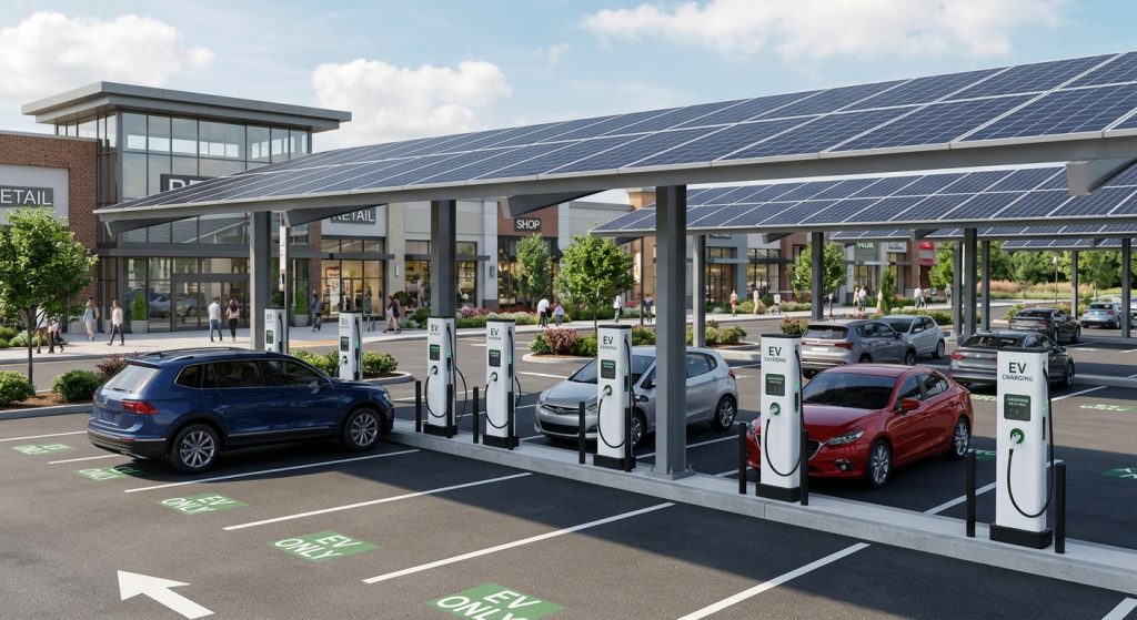 Cars parked at electric vehicle charging stations under a solar panel canopy in a shopping center parking lot, showcasing the benefits for businesses of commercial solar PPAs anticipated to grow in 2026, with people walking near retail stores in the background.