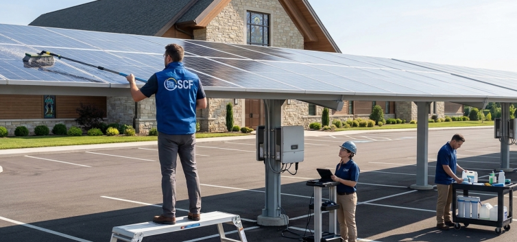 Three workers clean and maintain solar panels in a parking lot, supporting solar for churches. One stands on a step ladder wiping a panel, while two others check equipment on a wheeled cart near a building with stone walls and a sloped roof.