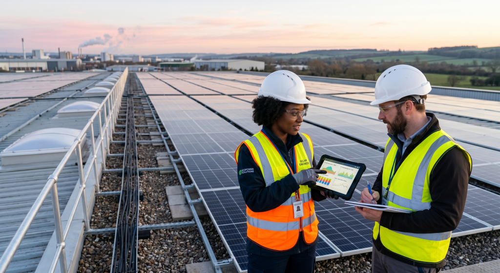 Two engineers in safety gear stand on a rooftop with solar panels, discussing data related to commercial solar projects displayed on a tablet and clipboard, with an industrial landscape visible in the background at sunset.