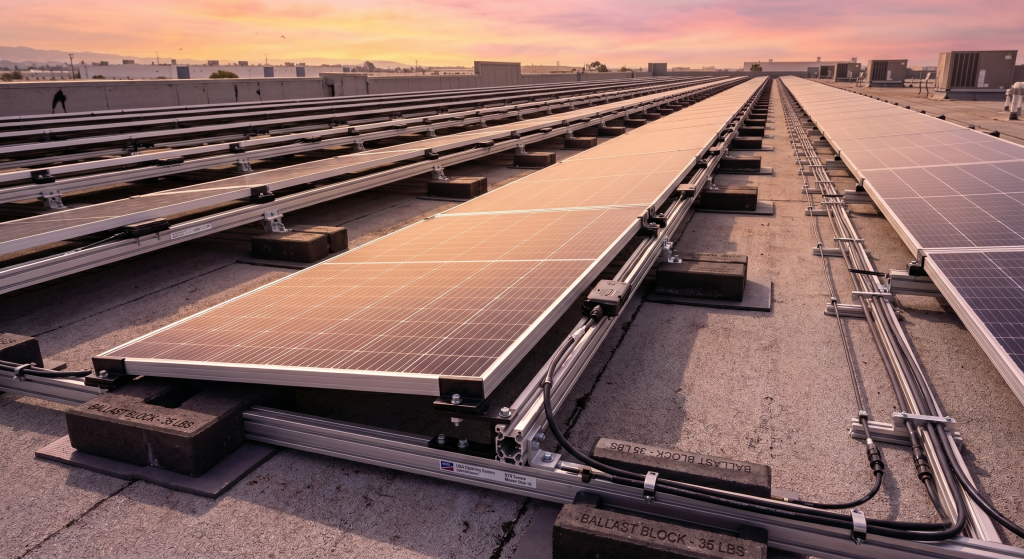 Rows of solar panels, part of a commercial solar project, are installed on a flat rooftop at sunset. Conduits and ballast blocks secure the system as the panels reflect the warm, pinkish glow of the sky.