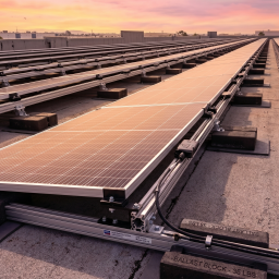 Rows of solar panels, part of a commercial solar project, are installed on a flat rooftop at sunset. Conduits and ballast blocks secure the system as the panels reflect the warm, pinkish glow of the sky.