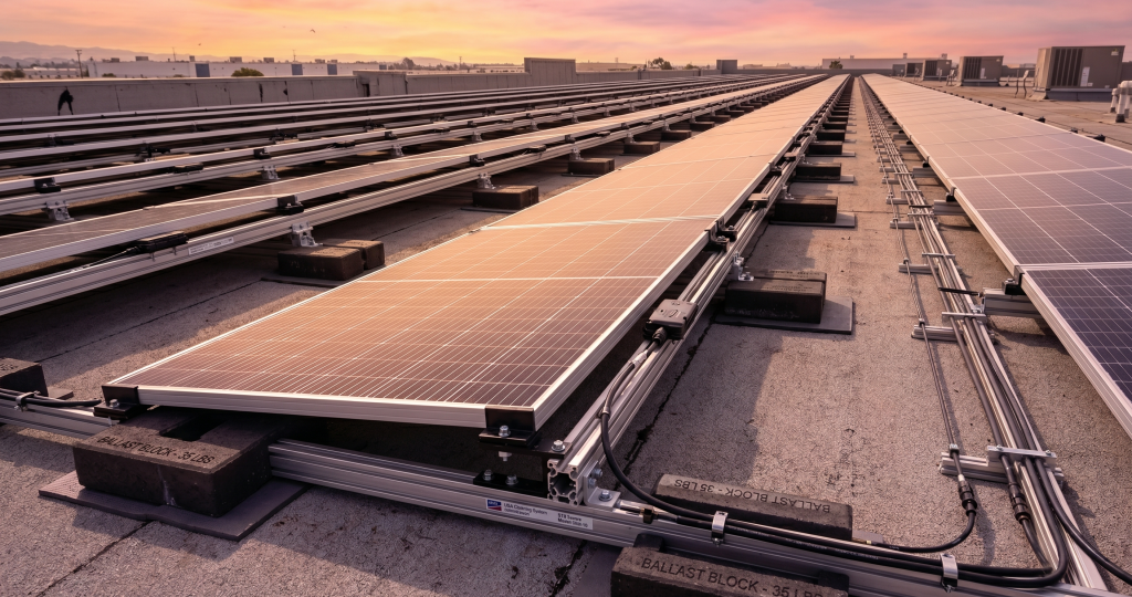 Rows of solar panels, part of a commercial solar project, are installed on a flat rooftop at sunset. Conduits and ballast blocks secure the system as the panels reflect the warm, pinkish glow of the sky.