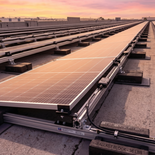 Rows of solar panels, part of a commercial solar project, are installed on a flat rooftop at sunset. Conduits and ballast blocks secure the system as the panels reflect the warm, pinkish glow of the sky.