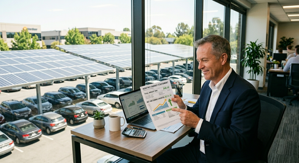 A businessman in a suit sits at a desk by a large window, smiling and holding a page with energy statistics. Outside, solar panels cover the parking lot—showcasing the benefits for businesses adopting Commercial Solar PPAs in 2026.