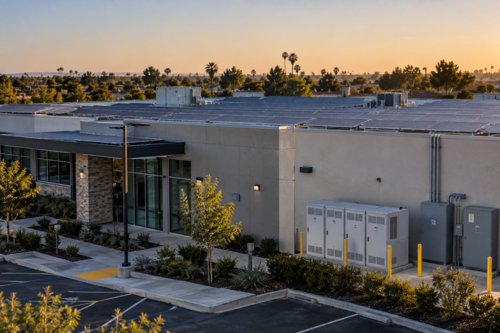 A modern commercial building with rooftop solar panels, surrounded by greenery and an empty parking lot at sunset, reflects the future of solar energy, featuring electrical utility boxes along one side.