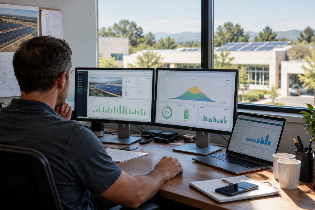 A person sits at a desk with three monitors displaying charts and graphs, analyzing data on solar energy trends in an office with large windows and a view of solar panels outside.
