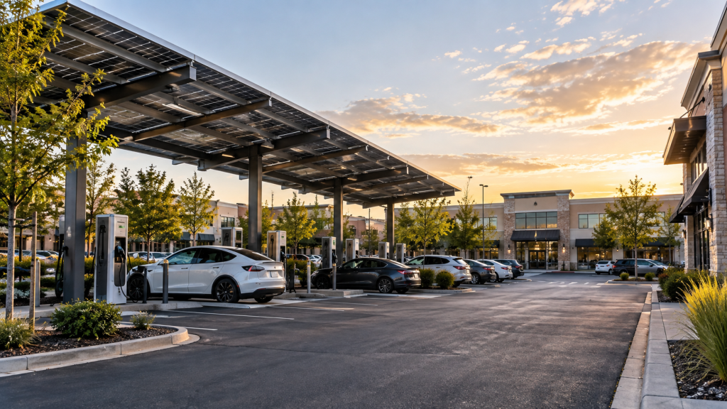 Cars parked under solar panel canopies at an electric vehicle charging station in a modern parking lot, with buildings and trees in the background during sunset, showcase how solar energy is shaping future trends in sustainable transportation leading up to 2026.
