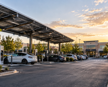 Cars parked under solar panel canopies at an electric vehicle charging station in a modern parking lot, with buildings and trees in the background during sunset, showcase how solar energy is shaping future trends in sustainable transportation leading up to 2026.