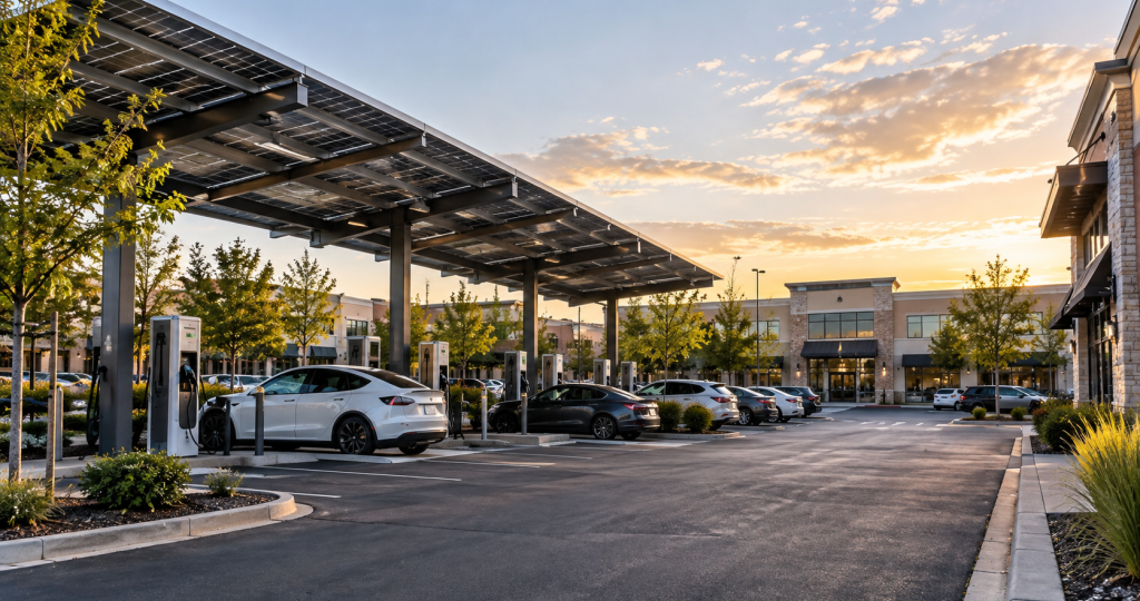 Cars parked under solar panel canopies at an electric vehicle charging station in a modern parking lot, with buildings and trees in the background during sunset, showcase how solar energy is shaping future trends in sustainable transportation leading up to 2026.