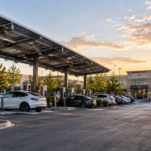 Cars parked under solar panel canopies at an electric vehicle charging station in a modern parking lot, with buildings and trees in the background during sunset, showcase how solar energy is shaping future trends in sustainable transportation leading up to 2026.