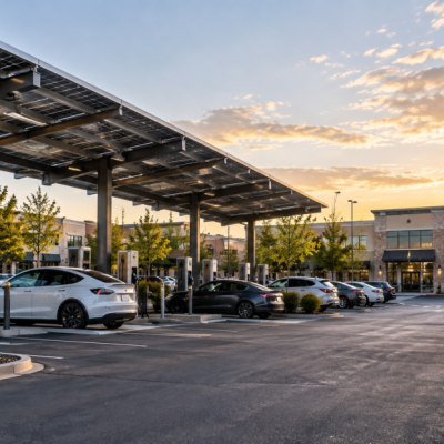 Cars parked under solar panel canopies at an electric vehicle charging station in a modern parking lot, with buildings and trees in the background during sunset, showcase how solar energy is shaping future trends in sustainable transportation leading up to 2026.