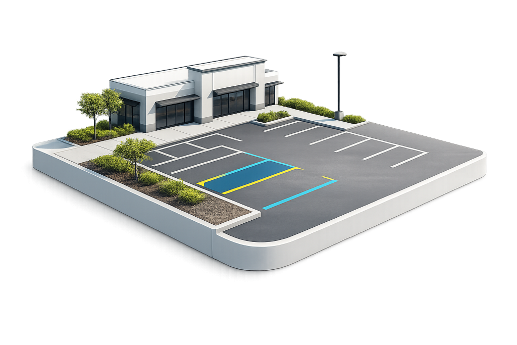 A small, modern storefront with a mostly empty parking lot, featuring clearly marked parking spaces—including accessible spots—surrounded by trees, shrubs, and a single streetlamp on a white background.