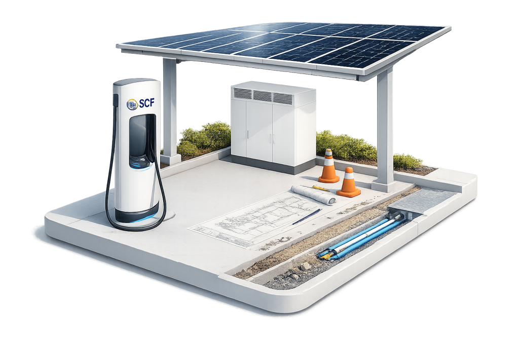 A clean energy charging station with solar panels, an electric charger, blueprints, traffic cones, and exposed underground cables illustrates green technology infrastructure for Your Parking Spaces.