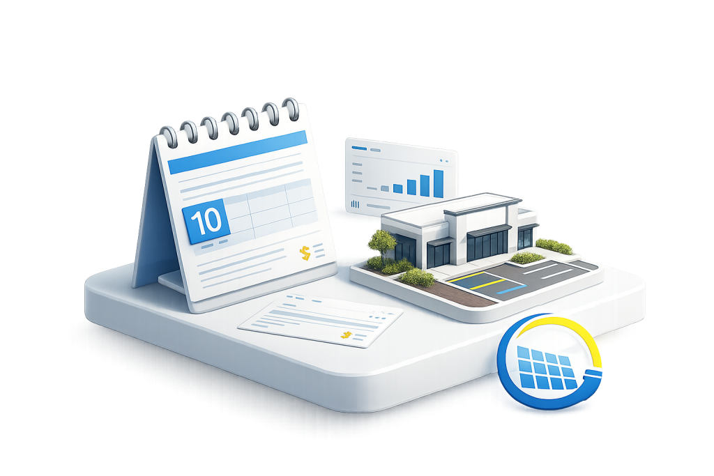 3D illustration of a calendar showing the 10th, a modern office building, financial graphs, and documents, suggesting business planning or scheduling. A circular icon with a solar panel is in the foreground, subtly highlighting considerations for parking spaces in contemporary work environments.